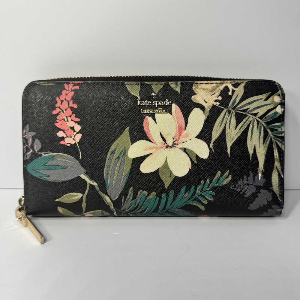 Kate Spade New York Wilson Road Botanical Neda Black Saffiano Leather  Wallet